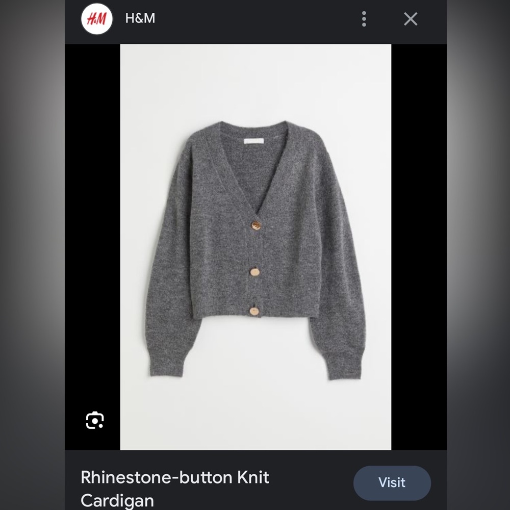 grey cardigan, gold buttons, size small